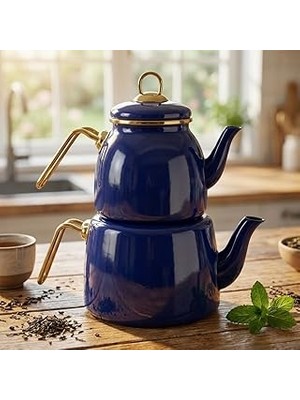 Nacario Deconox Içten Kaplamalı Emaye Çaydanlık Takımı - Gold Detaylı Nostaljik Alt Üst Çay Seti (1.2 Litre