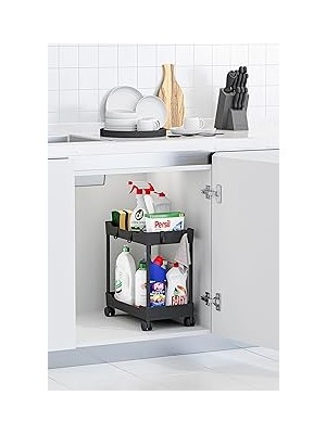 Nacario Siyah 2 Katlı Tekerlekli Düzenleyici Mutfak Banyo Rafı