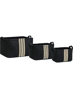 Nacario Textile 3'lü Çizgili Siyah Renk Jüt Sepet Set 24 x 17 x 14/30 x 21 x 18/42 x 31 x 25 cm
