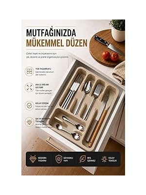 Nacario Sas Haus 6 Bölmeli Çekmece Içi Kaşıklık, Plastik Çatal Organizeri, Mutfak Düzenleyici Bej S-1