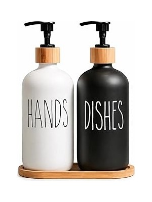 Nacario 2’li Hands Dishes Siyah Beyaz Cam Sıvı Sabunluk Seti 500 Ml, Bambu Standlı Dekoratif Mutfak & Banyo