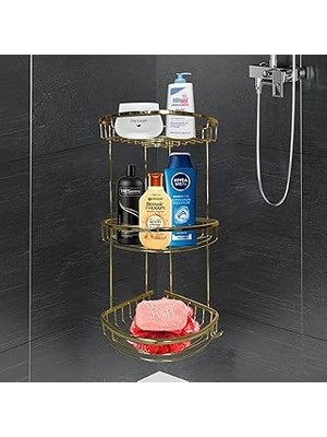 Nacario Banyo Duş Rafı Şampuanlık Köşelik Damla Gold Altın 3 Katlı Malzemelik Organizer Düzenleyici Mutfak