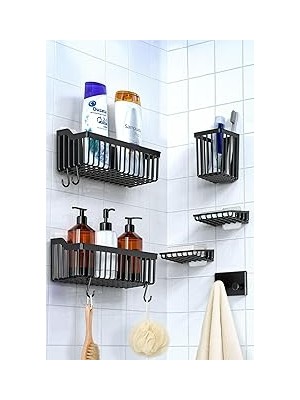 Nacario Banyor 6'lı Banyo Seti Yapışkanlı Banyo Düzenleyici Şampuanlık Fırçalık Sabunluk Askıl