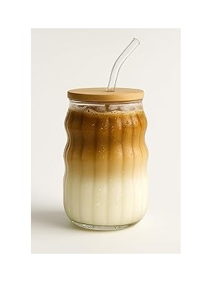 Nacario Kahve Bardağı Isıya Dayanıklı Ice Latte Bardak Kahve Kokteyl Cam Sunum Bardağı Meşrubat Kapaklı Bar