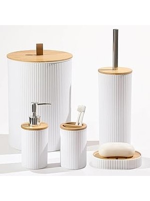 Nacario 5 Parça Yuvarlak Banyo Seti, Bambu Kapaklı, Beyaz, Hacim: 7 Litre
