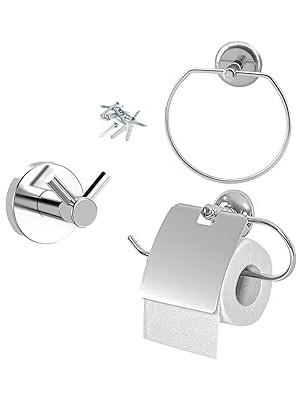Nacario Krom Metal Sağlam Aparat Vidalı Lavabo Banyo Wc Bez Havlu Çatal Askı Tuvalet Kağıtlık 3'lü