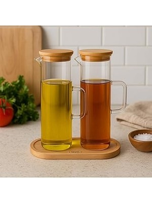 Nacario Arvale Lavino 3 Parça 400 ml Borosilikat Yağlık - Bambu Altlık 2 Adet Bambu Kapaklı Cam Yağdanlı