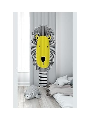 Nacario Pelangi Gri Aslan Desenli Dijital Baskı Yıkanabilir Bebek Çocuk Odası Fon Perdesi, Gri-Sarı 140 x 2