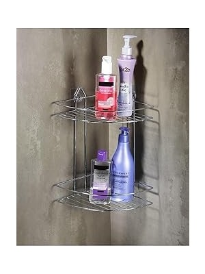 Nacario Krom 2 Katlı Yapışkanlı Banyo Köşeliği Düzenleyici Şampuanlık Duş Rafı Ek-02