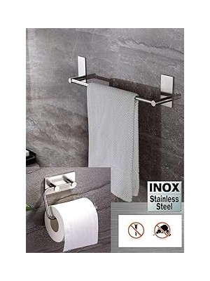 Nacario Deltahome Paslanmaz Çelik 40CM Havluluk Tuvalet Kağıtlığı Set - Inox Yapışkan Bant Sistem