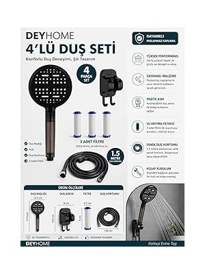 Nacario 4'lü Duş Seti, Siyah 6 Fonksiyonlu Filtreli Duş Başlığı, Beyaz-Krom, 3 Yedek Filtre, 150 cm Hortum,