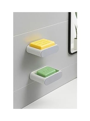 Nacario Yapışkanlı Banyo Mutfak Sabunluk Süngerlik Seti, Beyaz, 2'li Set, Duvara Monte, 14.5x9.7x4 cm