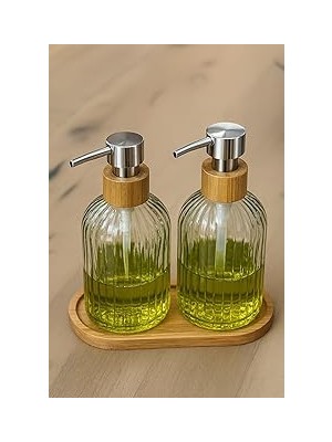 Nacario Zbern 2’li Cam Sıvı Sabunluk Seti – Füme Renk, 300 ml Şeffaf Cam Gövde, Doğal Bambu Başlık Stand