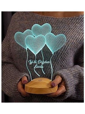 Nacario Doğum Günü Hediyesi Kalpli, Ki Doğdun Yazılı Uçan Kalpler Kişiye Özel 3D LED Lamba