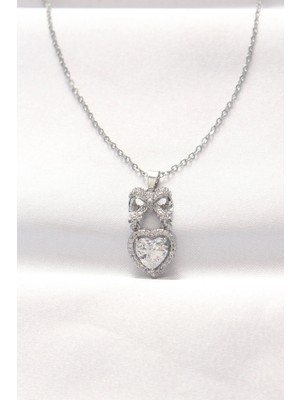 Mey Ithalat® 316L Çelik Silver Renk Zirkon Taşlı Kalpli Fiyonk Kolye