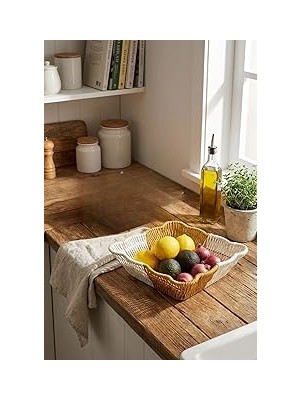Nacario Kare Dalgalı Çift Renkli Plastik Rattan Sepet, Ekmek Meyve Sepeti, 25X25X8 Cm, Yıkanabili