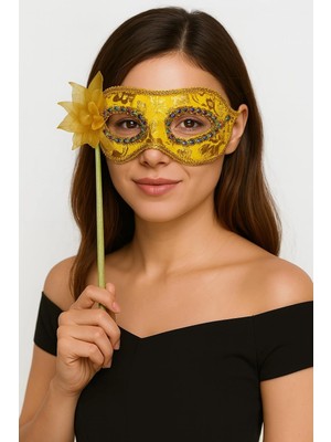Mey Ithalat® Lüks Taşlı Saplı Maskeli Balo Maskesi Altın Renk 35 cm