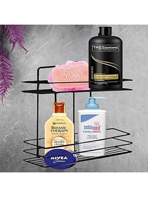 Nacario Banyo Duş Rafı Şampuanlık Köşelik Kare Siyah 2 Katlı Malzemelik Organizer Düzenleyici Mutfa