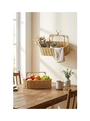 Nacario 2'li Duvar Askılı Oval Plastik Rattan Organizer Sepeti, Hasır Görünümlü Banyo Mutfak Raf