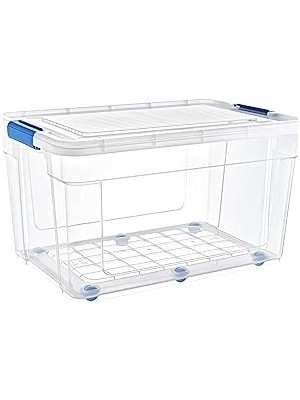 Nacario Mallart® Tekerlekli Saklama Kutusu, 90L Hacim, 69,5X47,5X40,5 Cm, Şeffaf Plastik, Kilitli Kapaklı