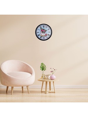 Siyah Floral Tea Cup Duvar Saati