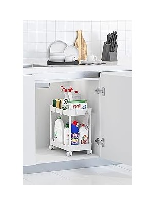 Nacario Beyaz 2 Katlı Tekerlekli Düzenleyici Mutfak Banyo Rafı