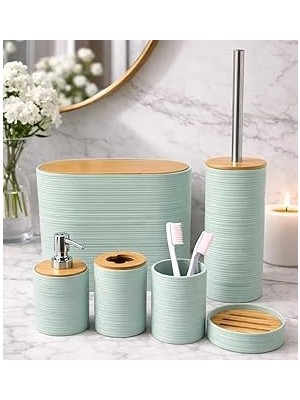 Nacario 6 Parça Banyo Seti, Bambu Detaylı, 8l Kovası 24X26X16 cm (Su Yeşili)