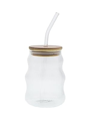 Nacario 500ML Bambu Kapaklı Cam Bardak, Cam Pipetli Silikon Kapak Contalı Ince Çizgi Desenli Sıcak Soğuk Iç