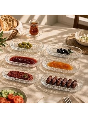 Nacario 6 Adet Cam Oval Balık Sırtı Çerez Meyve Meze Sunum Tabağı Kahvaltı Sunum Kayık Tabak