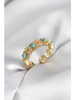 Mey Ithalat® Mavi Taşlı Gold Renk Vintage Kadın Yüzük