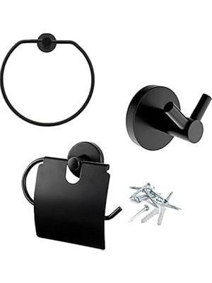 Nacario Siyah Metal Sağlam Aparat Vidalı Lavabo Banyo Wc Bez Havlu Çatal Askı Tuvalet Kağıtlık 3'lü