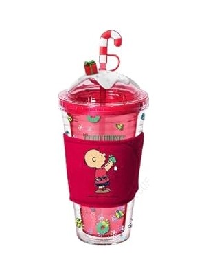 Nacario Miniso Snoopy Yılbaşı Koleksiyonu Çift Cidarlı Tutacaklı Plastik Şişe (480ML) - Kırmızı