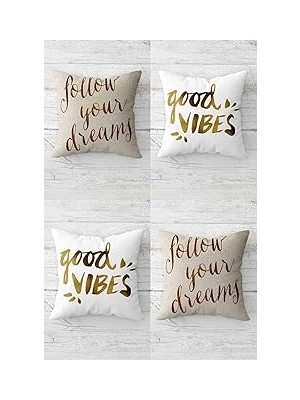 Nacario Pelangi Follow Your Dreams Good Vibes Gizli Fermuarlı Kırlent Kılıfı Koltuk Yastık Kılıfı TAKIM(4AD