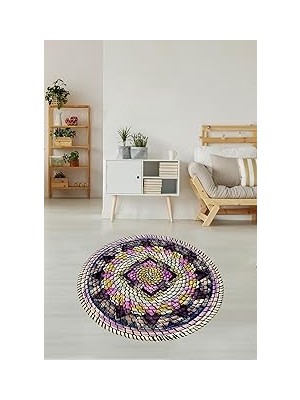 Nacario Pelangi Mor Jüt Hasır Kilim Görünümlü Dijital Baskılı Kaymaz Taban Yıkanabilir Salon Halısı,