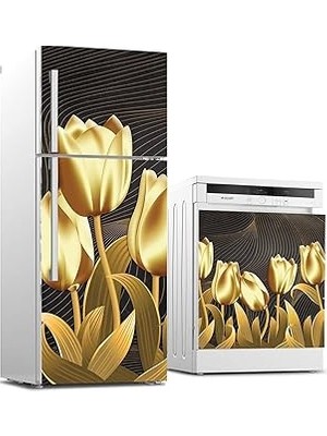 Nacario Buzdolabı Bulaşık Makinası Beyaz Eşya Sticker Kaplama Altın Çiçekler
