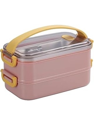 Nacario Vagonlife Bento 1400ML Lunchbox 2 Katlı Çelik Sefer Tası Yemek Kutusu (Pembe)