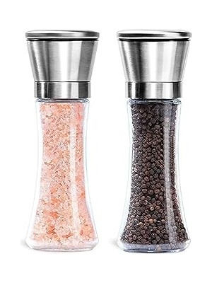 Nacario Cam Gövdeli Metal Krom Renk Kapaklı Tuz Karabiber Değirmeni Tuz Karabiber Öğütücü 19 cm 2 Adet