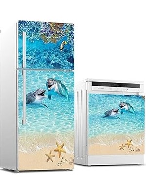 Nacario Buzdolabı Bulaşık Makinası Beyaz Eşya Sticker Kaplama Yunus Balığı Deniz