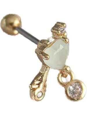 Nacario 316L Çelik Gold Renk Beyaz Mineli Sallantı Zirkon Taşlı Tragus Piercing - TJ-PR1228