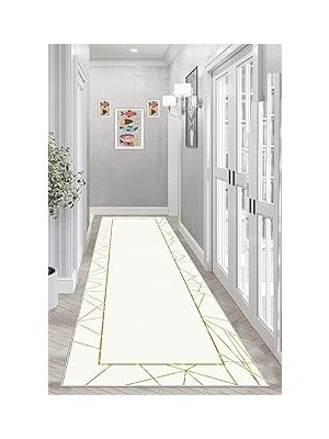 Nacario Pelangi Mermer Desenli Gold Çerçeveli Dijital Baskı Yıkanabilir Salon Halı Yolluk, Beyaz