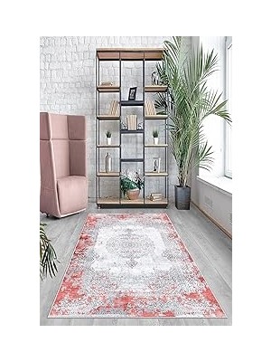 Nacario Pelangi Kırmızı Göbekli Eskitme Desen Yıkanabilir Kaymaz Taban Tutmaz Salon Halısı Y