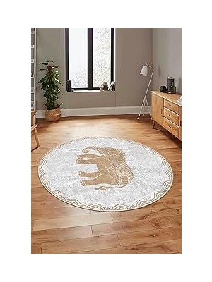 Nacario Fil Desen Baskılı Kaymaz Taban Yıkanabilir Yuvarlak Salon Halısı Y-MODERN-101, Bej, 160 x 16