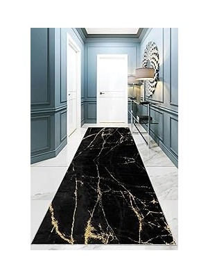 Nacario Pelangi Mermer Desenli Dijital Baskı Yıkanabilir Kaymaz Taban Düz Salon Halısı Yolluk (Siyah), S