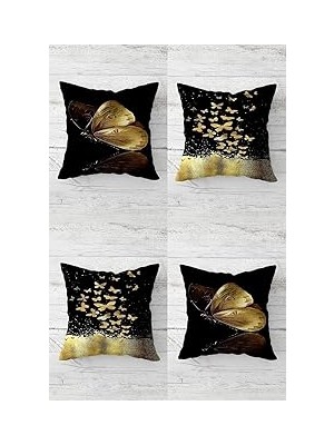 Nacario Pelangi Gold Desenli Kelebekli Gizli Fermuarlı Kırlent Kılıfı Koltuk Yastık Kılıfı TAKIM(4A
