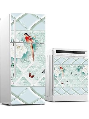 Nacario Buzdolabı Bulaşık Makinası Beyaz Eşya Sticker Kaplama Çiçek Kuş