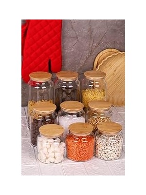 Nacario Zone - 9'lu Cam Saklama Kabı 600ML-800ML-1300ML Vakumlu Bambu Kapaklı