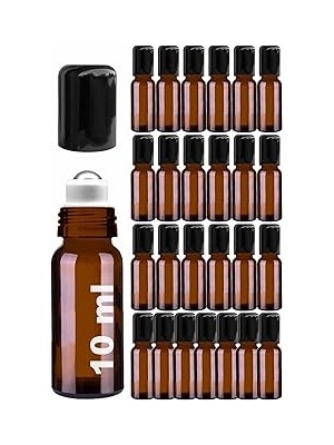 Nacario Afracam 10 ml Çelik Roll On Şişesi 10 cc Sızdırmaz Siyah Kapaklı Cam Şişe 25 Adet (Amber, 10)