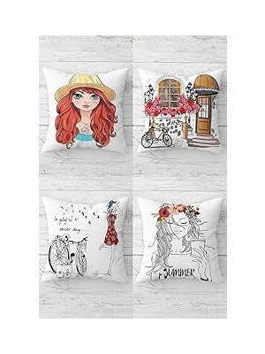 Nacario Pelangi Bisiklet Özgür Kız Temalı Gizli Fermuarlı Kırlent Kılıfı Koltuk Yastık Kılıfı TAKIM(4ADE