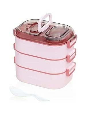 Nacario Beslenme Kutusu 3 Katlı Paslanmaz Çelik - 1450ML Yeni Nesil Sefer Tası (Pembe)