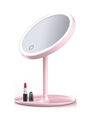 Nacario LED Işıklı Dokunmatik Makyaj Aynası, Pembe, 3 Kademeli Işık Ayarlı, USB Şarjlı, 17.5X27 cm
